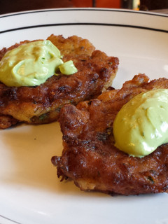 A picture of Razor Clam and Zucchini Fritters with my Avocado Sauce.