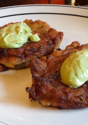 A picture of Razor Clam and Zucchini Fritters with my Avocado Sauce.