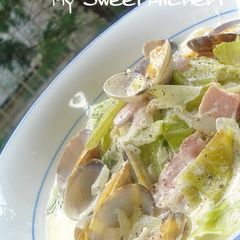A picture of Chowder-Like Pasta with Spring Cabbage and Clams.