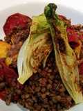 Golden Beetroot and Lentils with Chorizo and Charred Baby Gem