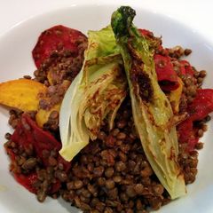 A picture of Golden Beetroot and Lentils with Chorizo and Charred Baby Gem.