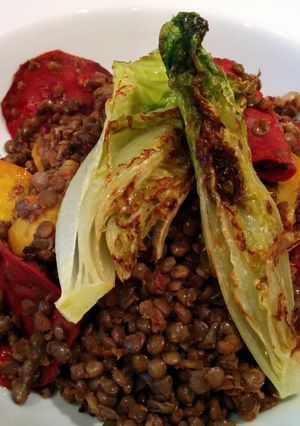 A picture of Golden Beetroot and Lentils with Chorizo and Charred Baby Gem.