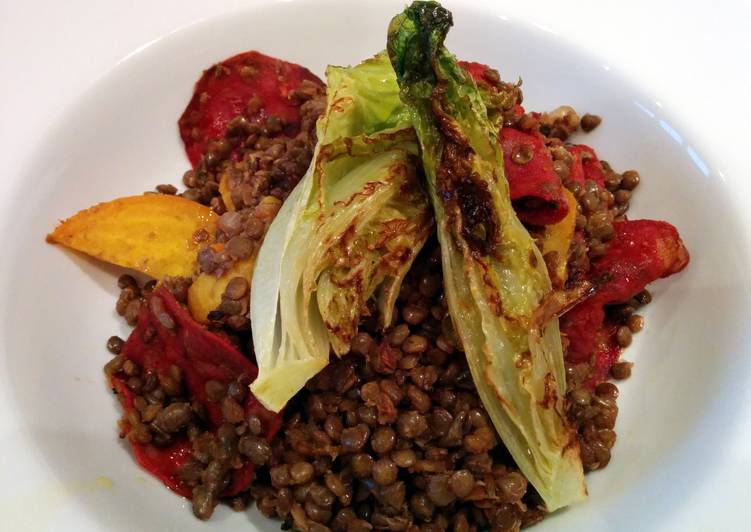 Golden Beetroot and Lentils with Chorizo and Charred Baby Gem