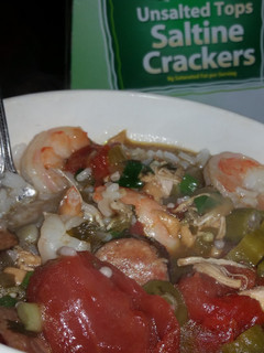A picture of Shrimp, sausage, and chicken GUMBO.