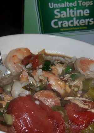 A picture of Shrimp, sausage, and chicken GUMBO.