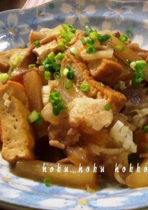A picture of Stir-fried and Simmered Daikon Radish, Pork, and Atsuage.