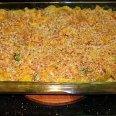 A picture of Baked Curry Mac and Cheese with Chicken and Broccoli.