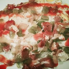 A picture of P.O.K.E Breakfast!! Peppers,Onions, Kielbasa and Eggs.