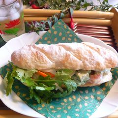 A picture of Vietnamese Banh Mi Sandwich with Prawn and Avocado.