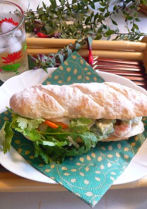 A picture of Vietnamese Banh Mi Sandwich with Prawn and Avocado.