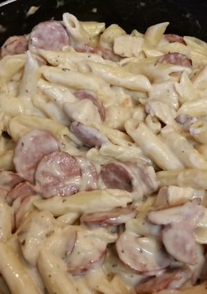 A picture of Chicken and Sausage Alfredo.