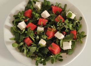 Foto di Insalata di Anguria con Ricotta di Pecora, Rucola Selvatica e Portulaca