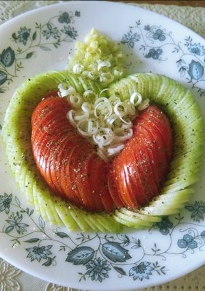 A picture of Cucumber, tomato and leek salad.