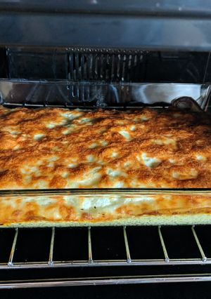 Una foto de Lasaña de calabacín, champiñones y bacon con queso de cabra