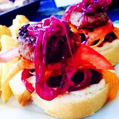 A picture of Angus Burger Bites with Red Onion Jam & Horseradish Mayo.