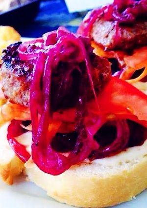 A picture of Angus Burger Bites with Red Onion Jam & Horseradish Mayo.