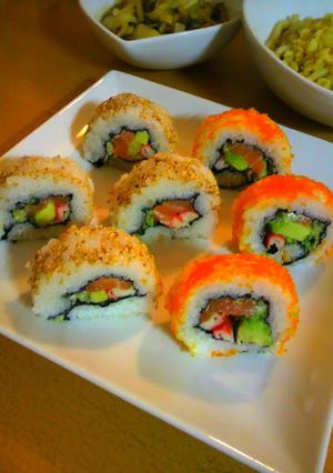 A picture of Colorful California Rolls.