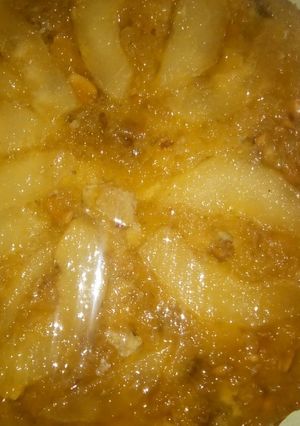 A picture of Up-side-down fresh Pear Cake with nuts.