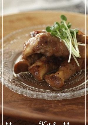 A picture of Pork-Wrapped King Oyster Mushrooms With Salt-Based Sauce.