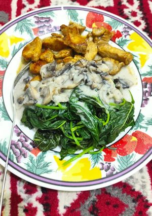 Foto resep Bayam saus jamur dan dada ayam kecap