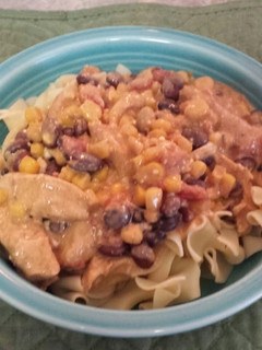 A picture of Slow Cooker Creamy White Chicken Chili & Noodles.