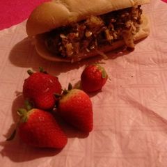 A picture of Polish Fresh Sausage and Sauerkraut on a sub roll.