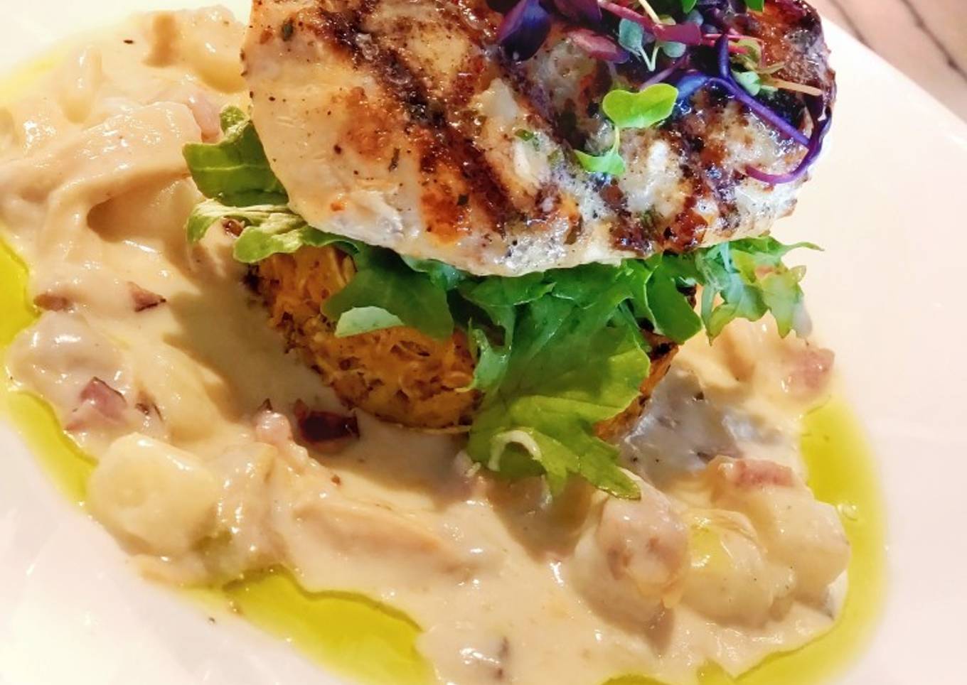 Step-by-Step Guide to Make Quick Grilled Fish with Awadhi Creamy
Potato, Veggie Rosti & Greens