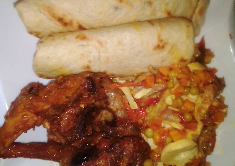 Easiest Way to Make Ultimate Flat bread, fried chicken with side vegetable sauce