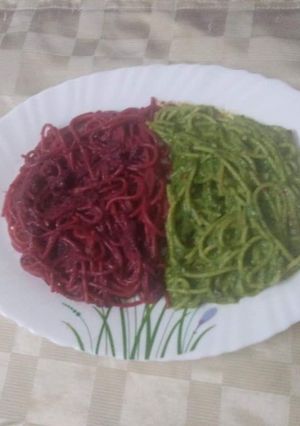 A picture of Beetroot and Spinach Spaghetti Pasta.