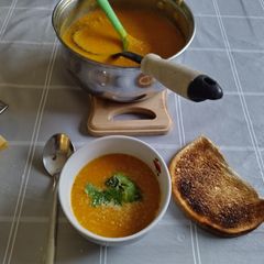 A picture of Courgette, carrot and sweet potato soup.