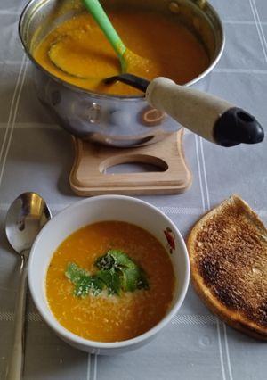 A picture of Courgette, carrot and sweet potato soup.