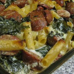 A picture of Baked Ziti with Kale and Sausage in Garlic-Parmesan Cream Sauce.