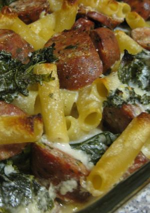 A picture of Baked Ziti with Kale and Sausage in Garlic-Parmesan Cream Sauce.