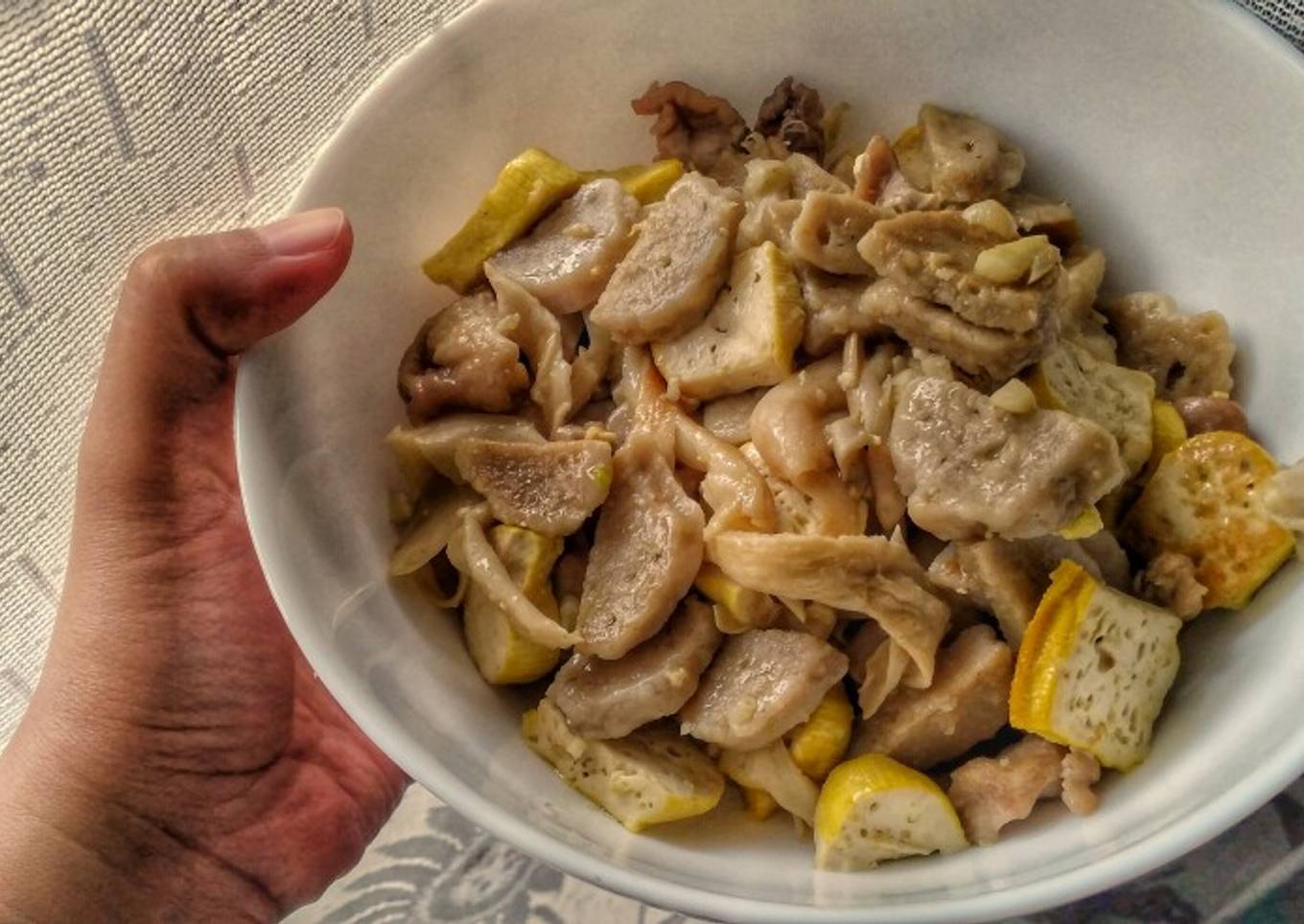 Stir Fried Chicken Mushrooms Tofu and Fish Balls