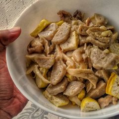 A picture of Stir Fried Chicken Mushrooms Tofu and Fish Balls.