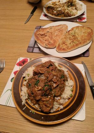 A picture of Punjabi Lamb curry served with rice.