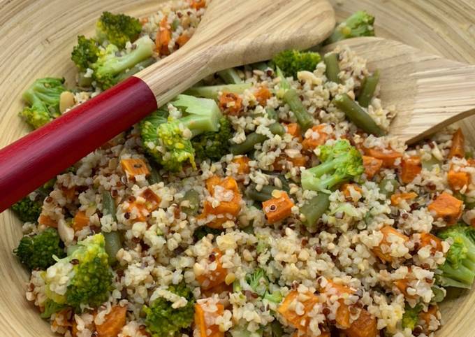 Salade de quinoa, brocolis, haricots vert et patates douces