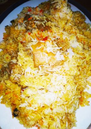 A picture of Chicken korma biryani.