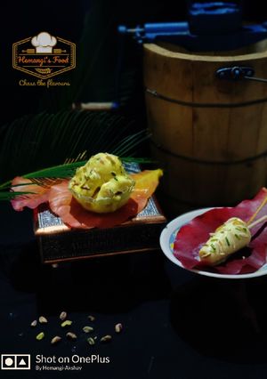 A picture of Kesar Pista ice cream made in ice cream pot.