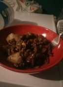 Minced beef with potatoes and red wine reduction