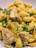 Pasta shells with spiced chicken and corn milk sauce