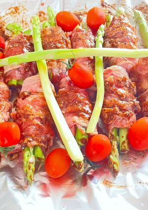 Hình của món Ba chỉ cuộn măng Tây ngũ vị hương.