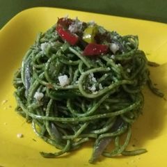 A picture of Noodles in Green Pesto Sauce.