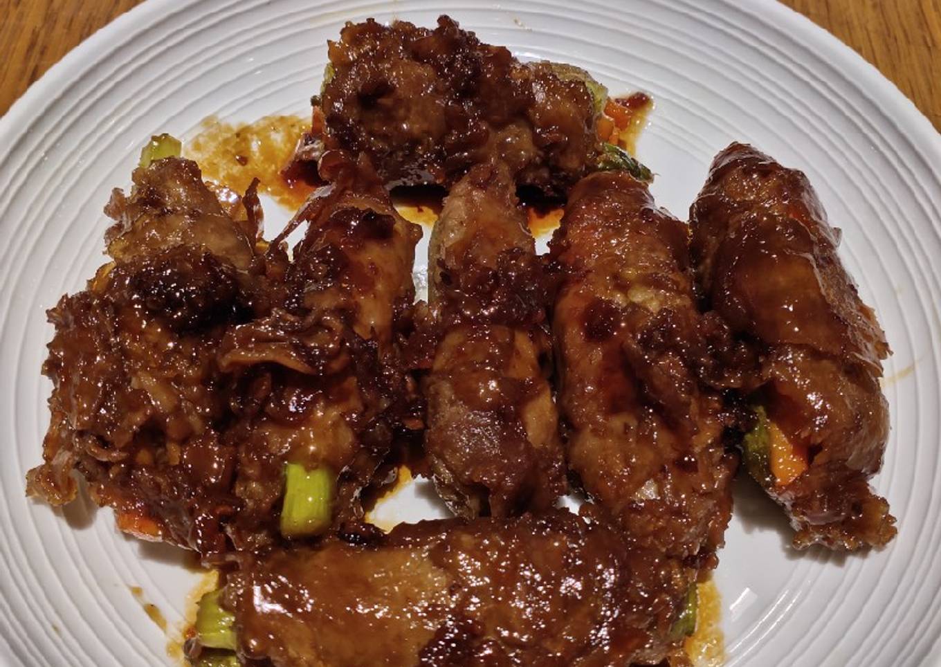 Pork sausage rolls with teriyake sauce