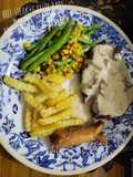 Beef steak+Garlic baby beans and corn+Creamy mushroom sauce