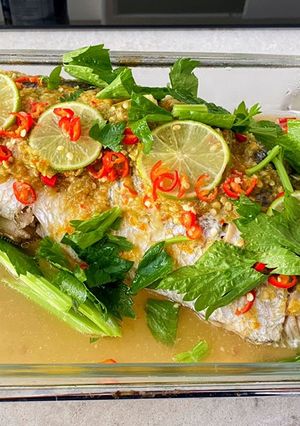 A picture of Steamed Sea bass with Lime and Chilies.