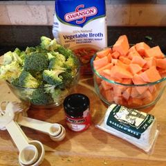 A picture of Broccoli, Sweet Potato, & Goat Cheese Soup.