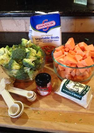 A picture of Broccoli, Sweet Potato, & Goat Cheese Soup.