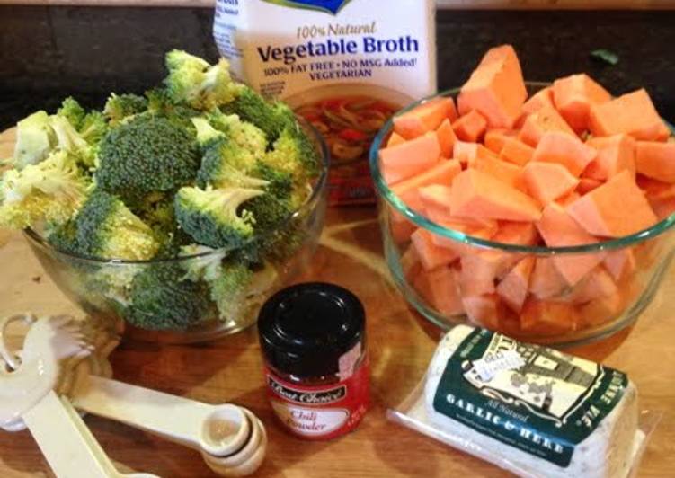 Broccoli, Sweet Potato, &amp; Goat Cheese Soup