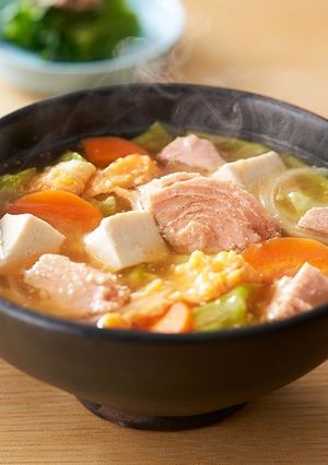 A picture of Hearty Tuna Miso Soup with Lots of Ingredients.